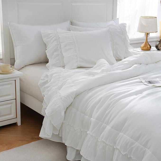 Boho Bedding King White Comforter Set Shabby Chic Beddings 2 Layers Ruffle Home Decor Farmhouse Bed Comforter
