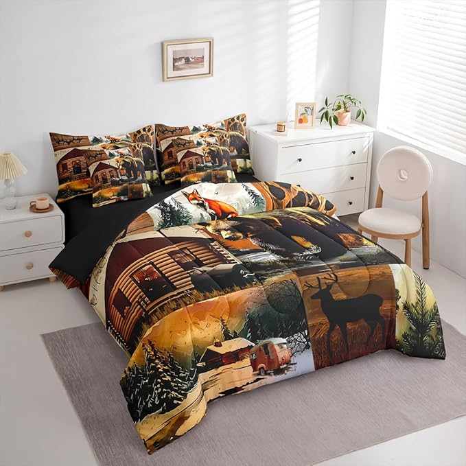 Erosebridal Rustic Lodge 7 Piece Comforter Set King Size Bear Deer Fox Cabin Bedding Set for Kids Teens Adult | Country Woodland Animals Duvet Insert Vintage Barn Pine Trees Brown Black Sheets