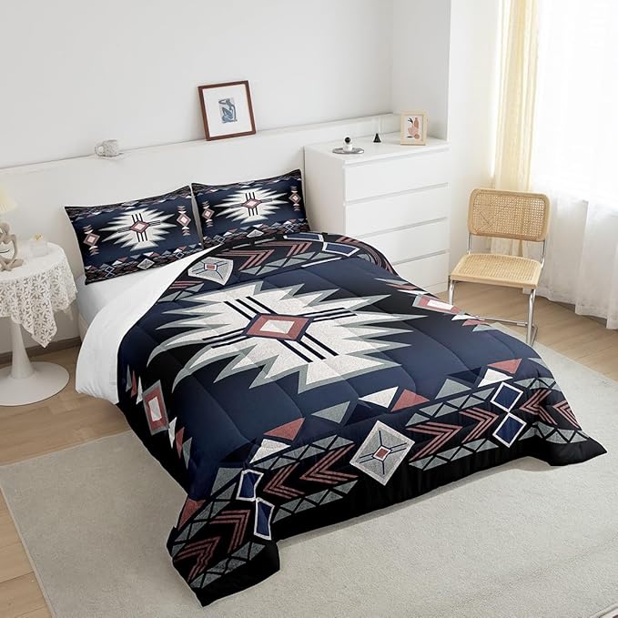 Southwestern Comforter Set Queen Size,Rustic Farmhouse Western Bedding Set,Kids Adult Geometric Aztec Tribal Arrow Striped Quilt Set Dark Blue Red Vintage Bohemian Duvet Insert,2 Pillowcases