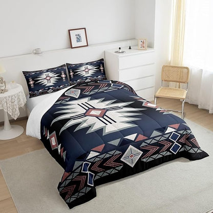 Southwestern Comforter Set Queen Size,Rustic Farmhouse Western Bedding Set,Kids Adult Geometric Aztec Tribal Arrow Striped Quilt Set Dark Blue Red Vintage Bohemian Duvet Insert,2 Pillowcases