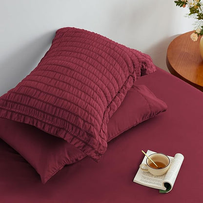 Love's cabin Seersucker Burgundy Queen Comforter Set, 7-Piece All Season Lightweight Bed in a Bag Bedding Set with Comforter, Flat Sheet, Fitted Sheet, Pillowcases and Shams | Soft, Breathable, Lightweight