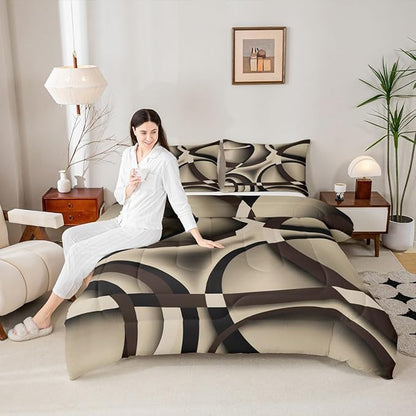 Castle Fairy Retro Circle Comforter Set Queen Size Brown Khaki Black Bedding Set for Kids Boys Girls Bedroom Decoration Stripe Line Art Bed Duvet Insert Geometric Modern Comforter with 2 Pillowcase