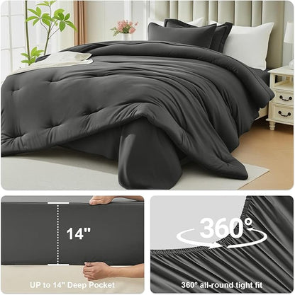 Full Comforter Set 7 Pieces - Ultra-Soft Bed in a Bag Full Size, Cozy Luxury All Season Bedding Sets with Comforter, Flat Sheet, Fitted Sheet, 2 Pillow Shams & 2 Pillowcases, Dark Gray