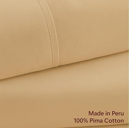 Peru Pima 415 Thread Count Percal Twin Sheet Set - 100% Peruvian Pima Cotton, 3 Piece (Flat, Fitted, 1 Pillowcase) - Cooling, Crisp, Deep Pocket, Hotel Quality Bedding - Latte