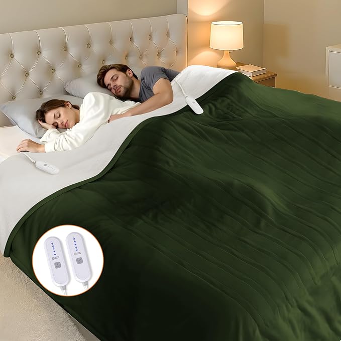 Heating Blanket Queen Size Washable - 84 x 90 Inch Double Zone Electric Blanket with 10 Hours Auto Off, 5 Heat Settings, Soft Flannel Sherpa Heated Blanket for Bed, ETL Certified, Green