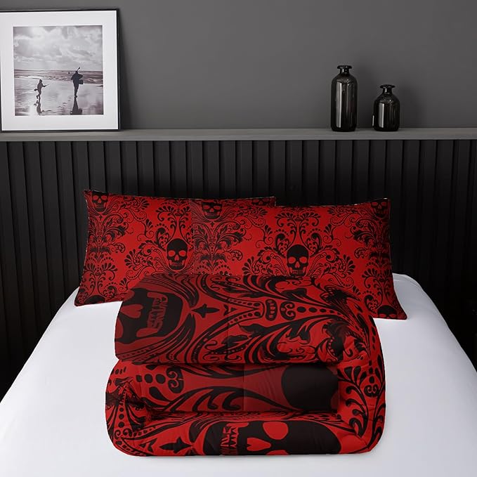 Adults Red Gothic Comforter Set Full Size,Vintage Damask Floral Bedding Set 3Pcs,Bohemia Bedding Set Goth Skull Printed Quilted Set for Teens Adult with 1 Comforter and 2 Pillowcase