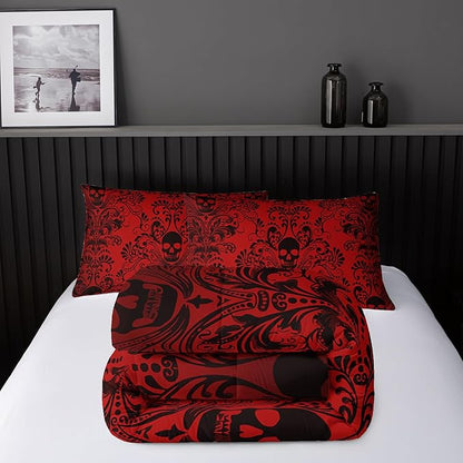 Adults Red Gothic Comforter Set Twin Size,Vintage Damask Floral Bedding Set 3Pcs,Bohemia Bedding Set Goth Skull Printed Quilted Set for Teens Adult with 1 Comforter and 2 Pillowcase