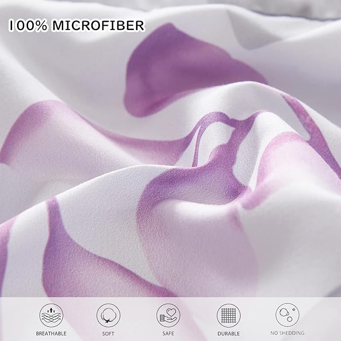 Yogeneg Botanical King Szie Comforter Set 7 PCS Bed in a Bag,Purple Grey Leaves Printed on White Reversible Design,Soft Microfiber Bedding Complete Set for All Season(Purple,King)