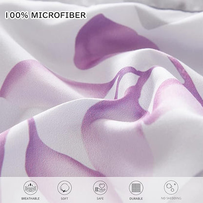 Yogeneg Botanical King Szie Comforter Set 7 PCS Bed in a Bag,Purple Grey Leaves Printed on White Reversible Design,Soft Microfiber Bedding Complete Set for All Season(Purple,King)