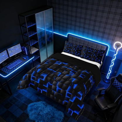 Erosebridal Neon Black Blue Boys Comforter Set Twin Size Geometric Checkered Kids Bedding Set Teen Men Gaming Room Decor,Abstract Ombre Plaid Comforter Grids Quilt Duvet