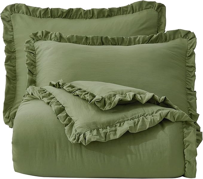 Chezmoi Collection Nora Olive Green Comforter Set Oversized Queen 3-Piece Lightweight Soft Stone-Washed Ruffled Shabby Chic Bedding for All Season