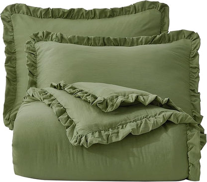 Chezmoi Collection Nora Olive Green Comforter Set Twin Size 2-Piece Lightweight Soft Stone-Washed Ruffled Shabby Chic Bedding for All Season