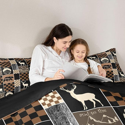 Boys Bear Deer Plaid Comforter Set, Rustic Cabin Lodge Bedding For Kids Bedroom, Brown Black Buffalo Quilt Hunting Wildlife Camping Farmhouse Patchwork Duvet Insert Deer Decorations For Home, Queen