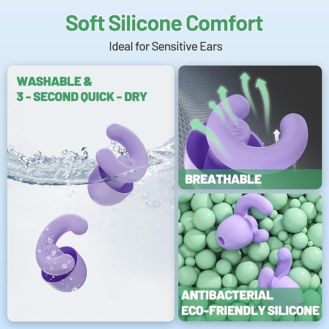 Noise Cancelling Ear Plugs for Sleep, Small Ear Fit - No-Pain for Side Sleepers, 33dB NRR Reusable Silicone One-Piece Design, 4 Sizes for Adults & Kids, Portable Case