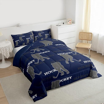 Manfei Hockey Players Girls Bedding Set Twin Size, Comforter Set,Competitive Games Teamwork Quilt Comforter Girls Boys Teens,Dark Blue Gray Room Decor All Season,1 Pillowcase