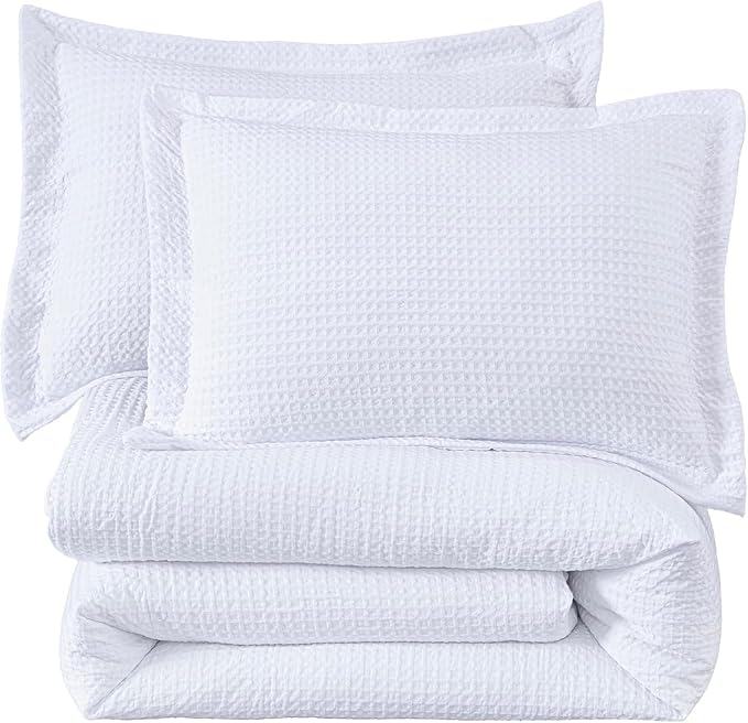 Chezmoi Collection Wilmer 3-Piece Waffle Weave Comforter Set - Soft and Cozy All Season Bedding Set, Queen, White