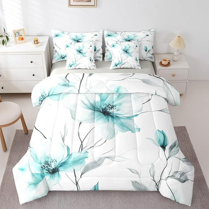 Erosebridal Teal Flower Queen Comforter Set with Sheets for Women, Bohemian Floral 7 Pcs Bedding Set, Watercolor Flower Artistic Bed in A Bag for Girls, Ink Painting Style Blossom & Leaf Bed Sets