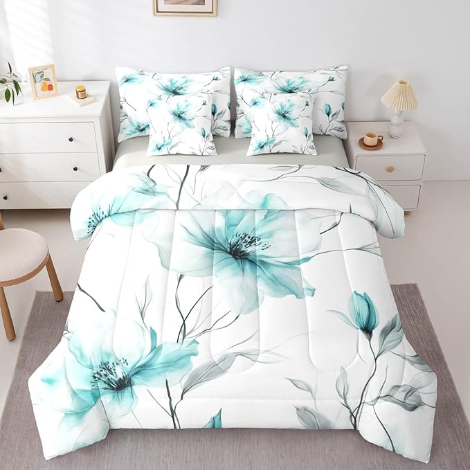 Erosebridal Teal Flower Twin 7 Pcs Bedding Set for Women, Bohemian Floral Comforter Set with Sheets, Watercolor Flower Artistic Bed in A Bag for Girls, Ink Painting Style Blossom & Leaf Bed Sets