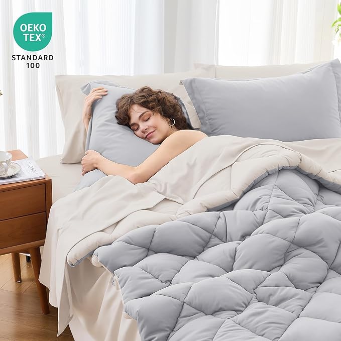 MUXHOMO 7 Pieces California King Comforter Set, Reversible Bed in a Bag Cal King Size, All Season Bedding Set with Comforter, Flat Sheet, Fitted Sheet, Pillowcases & Shams, Light Grey & Beige