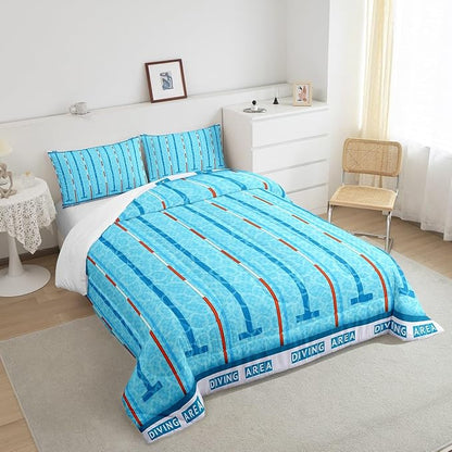 Swimming Kids Comforter Set Full Size,Swim Sports Games Modern Fashion Bedding Set,Boys Girls Adults Room Decor,Swimming Pool Chic Down Comforter,Blue Unique Duvet Insert,2 Pillowcases