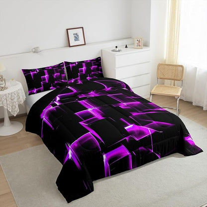 Erosebridal Purple Black Geometric Comforter Set Twin Size 3D Stereoscopic Square Bedding, Glowing Neon Squares Bed Set 2 Piece Gradient Grid Plaid Soft Microfiber Down Comforter