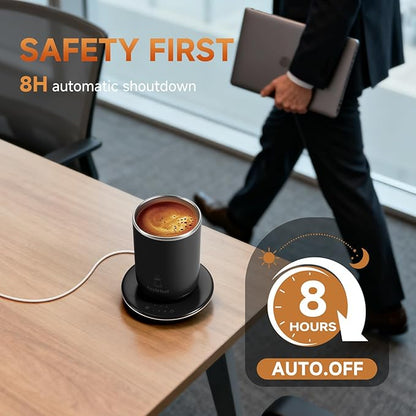 Heated Coffee Mug 11oz,Self Stirring Electric Mug with Temperature Control & Auto Shut-Off,Stainless Steel Smart Coffee Cup with Detachable Heating Base for Desk,Office,Home,Gifts for Women(Black)