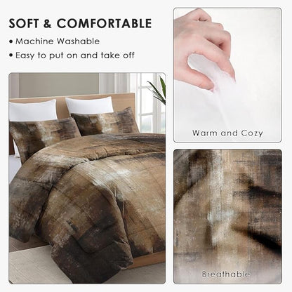Queen Size Comforter Set with 2 Pillowcases, Brown Grey Painting 3 Pcs Bedding for Kids and Adults, Beige Contemporary Soft Comforter Set for Bedroom Bed Decor