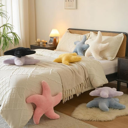 Starfish Pillow, Cute Decorative Pillows for Couch Bed, Aesthetic Room Decor Accent Pillow Plush with Soft Faux Rabbit Fur for Bedroom Living Room (Ivory White, 19.6 Inches)