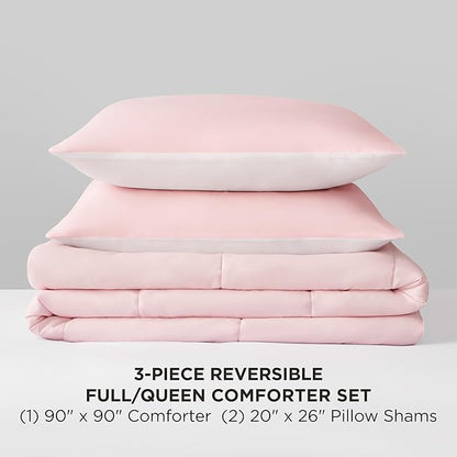 Reversible Box Stitch Comforter Set, 3-Piece Full/Queen – Light Pink/White– Stylish Bedding Set