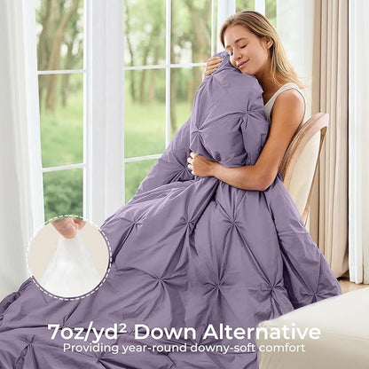 Sasttie Twin XL Comforter Set, 5-Piece Bed in a Bag, Pintuck Bedding Sets for All Season, Includes Comforter, Flat Sheet, Fitted Sheet, Pillowcase and Pillowsham, New Purple
