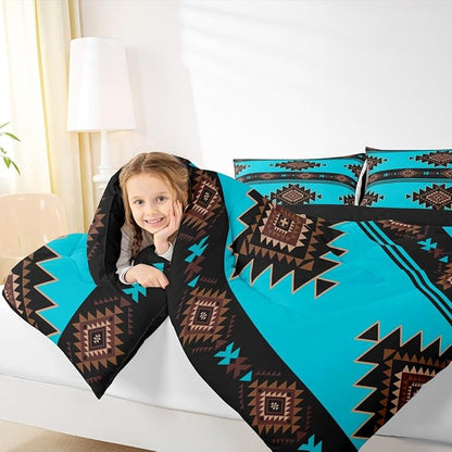Queen Size Western Aztec Comforter Set, Native American Navajo Bedding Set for Boys Adult Teens, Southwestern Geometric Quilt Ethnic American Native Duvet Insert Rustic Farmhouse Decor, Blue