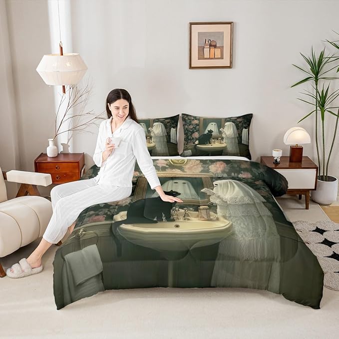 Erosebridal Funny Ghost Comforter Set Full, Happy Halloween Cute Ghost Bedding Set, Gothic Cat Comforter, Rose Flowers Retro Baroque Boho Floral Quilt with 2 Pillowcases for Bedroom Decor