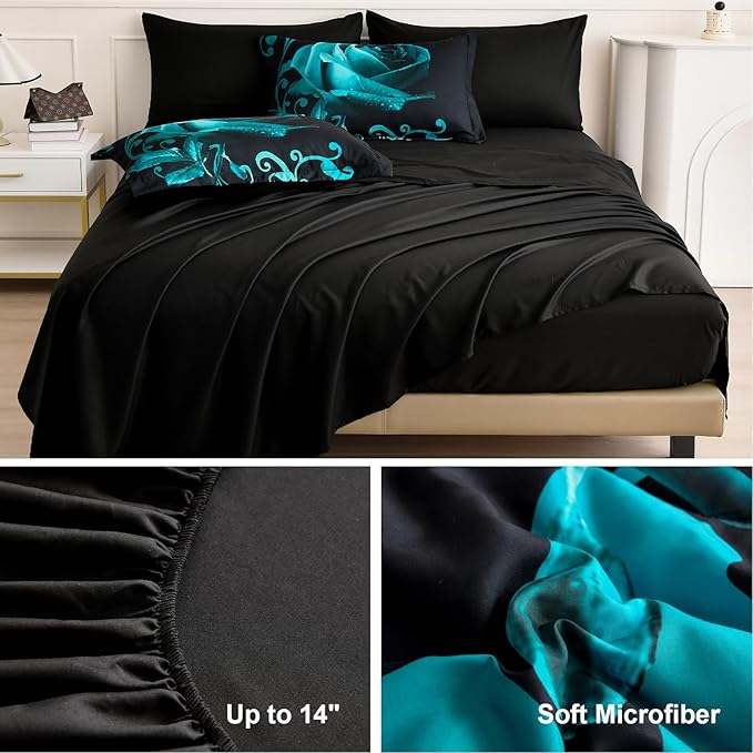 WONGS BEDDING Teal Green Comforter Set Queen, Reversible Rose 7 Pieces Bed in a Bag, Lightweight Soft Microfiber Bedding Sets with Flat Sheet, Fitted Sheet, Pillowcases & Shams