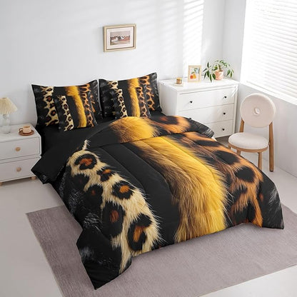 jejeloiu 3D Gold Leopard 7 Piece Bedding Set King Size Adult Leopard Comforter Set with Sheets for Boys Girls Animal Print Bed in a Bag Wild Animal Fur Bed Set