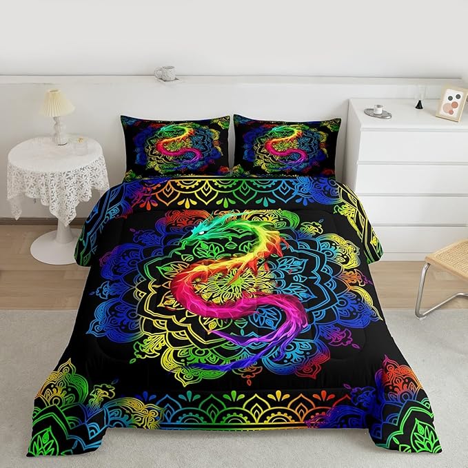 Watercolor Dragon Comforter Set Twin Size,Rainbow Mandala Print Duvet Quilted,Bohemian Exotic Style and Animal Theme Bedding Comforters 2Pcs for Kids Child Teens Woman Man Bedroom Decor,Black