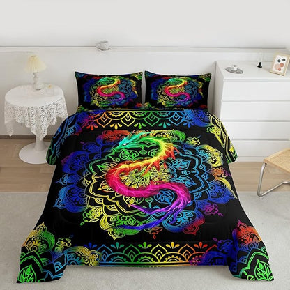 Watercolor Dragon Comforter Set Twin Size,Rainbow Mandala Print Duvet Quilted,Bohemian Exotic Style and Animal Theme Bedding Comforters 2Pcs for Kids Child Teens Woman Man Bedroom Decor,Black