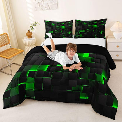Erosebridal Black Green Comforter Set Twin Neon Geometric Checkered Bedding Set for Kids Boys Gaming Room Decor,Teen Men Abstract Stereoscopic Grids Quilt Square Plaid Check Bed Set 2 Pcs