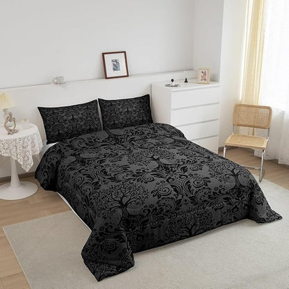 Feelyou Adults Gothic Comforter Set Queen Size Dark Olive Green Damask Comforter Tree of Life Bohemia Boho Bedding Set Goth Duvet Set Vintage Victorian Baroque Floral Quilt Set 3Pcs