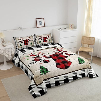Christmas Plaid Comforter Set Twin Size,Red Black Reindeer Bedding for Kids Teens Adults Home Room Decor,Rustic Farmhouse Style Quilted Duvet Vintage Snowflake Pine Bedspread,1 Pillowcase