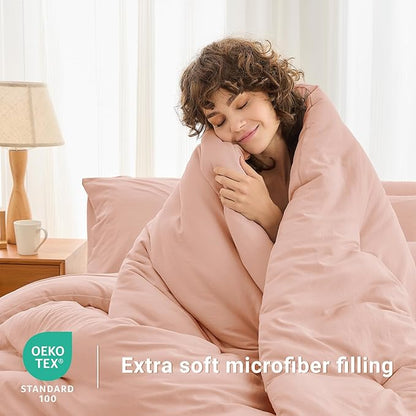 MUXHOMO 5 Pieces Twin XL Comforter Set, Soft Bed in a Bag Twin XL Size, All Season Bedding Set with Comforter, Flat Sheet, Fitted Sheet, Pillowcases & Shams, Rose Gold