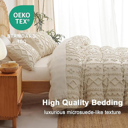 Boho Tufted Comforter Set Queen Size Beige Geometric Tufted Bedding Set 3 Pieces Farmhouse Shabby Chic Embroidery Comforter Soft Jacquard Bed Set for All Seasons with 2 Pillowshams