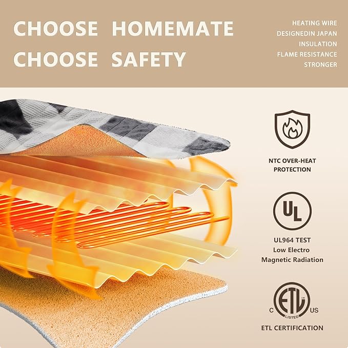Homemate Electric Blanket Heated Twin Size - 62“x84“ Ultra Soft Cozy Flannel Heating Blanket with 10 Fast Heat Levels 8 Hours Auto Off Over-Heated Protection ETL Certification Keep Warm in Home