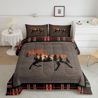 Erosebridal Horse Comforter Set,Rustic Western Cowboy Bedding Set for Teens Kids Adult,Farmhouse Nature Wildlife Bedding Western Room Decor,Plaid Down Comforter,Orange Grey Duvet Set,Queen