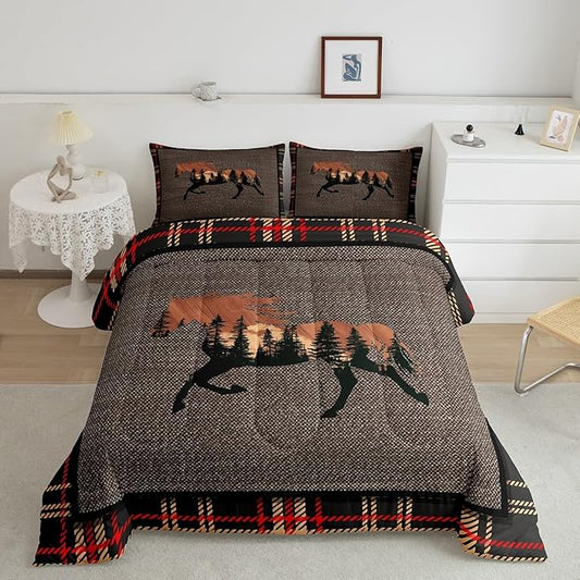 Erosebridal Horse Comforter Set,Rustic Western Cowboy Bedding Set for Teens Kids Adult,Farmhouse Nature Wildlife Bedding Western Room Decor,Plaid Down Comforter,Orange Grey Duvet Set,Queen