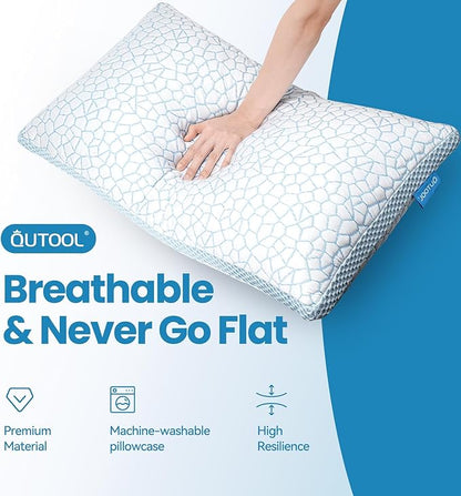 QUTOOL Double Sided Cooling Pillow for Hot Sleepers, Shredded Memory Foam Pillows Queen Size Set of 2, Adjustable Soft & Firm Gel Bed Pillow for Side, Back, Stomach Sleepers