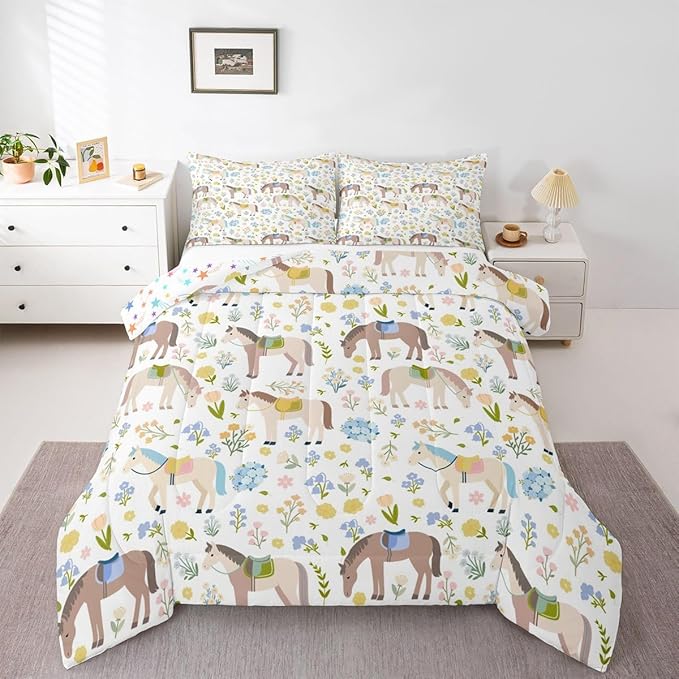 Cartoon Horse Comforter Set Queen Size,Bohemian Flowers Bedding Sets 3Pcs for Kids Girls Boys Women Room Decor,Rustic Farmhouse Quilted Duvet Farm Animals Plants Down Comforter,2 Pillowcases