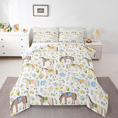 Cartoon Horse Comforter Set King Size,Bohemian Flowers Bedding Sets 3Pcs for Kids Girls Boys Women Room Decor,Rustic Farmhouse Duvet Insert Farm Animals Plants Down Comforter,2 Pillowcases
