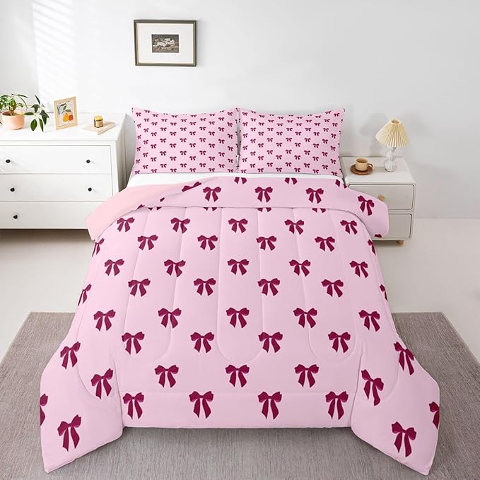 Erosebridal Pink Bow Bedding Set Queen Size Coquette Bows Comforter Set for Kids Teen Girls Women Bedroom Cute Preppy Bowknot Quilt Duvet Modern Trendy Girly Aesthetic Comforter