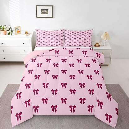 Erosebridal Pink Bow Bedding Set Queen Size Coquette Bows Comforter Set for Kids Teen Girls Women Bedroom Cute Preppy Bowknot Quilt Duvet Modern Trendy Girly Aesthetic Comforter