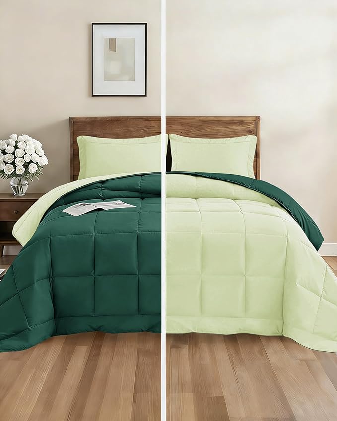 Queen Comforter Set - 7 Piece Bed in a Bag Queen Size Bed Set - Down Alternative Comforter, Flat Sheet, Fitted Sheet, Pillowcase & Shams for All Seasons - Soft, Comfy & Breathable - Light Sage/Emerald